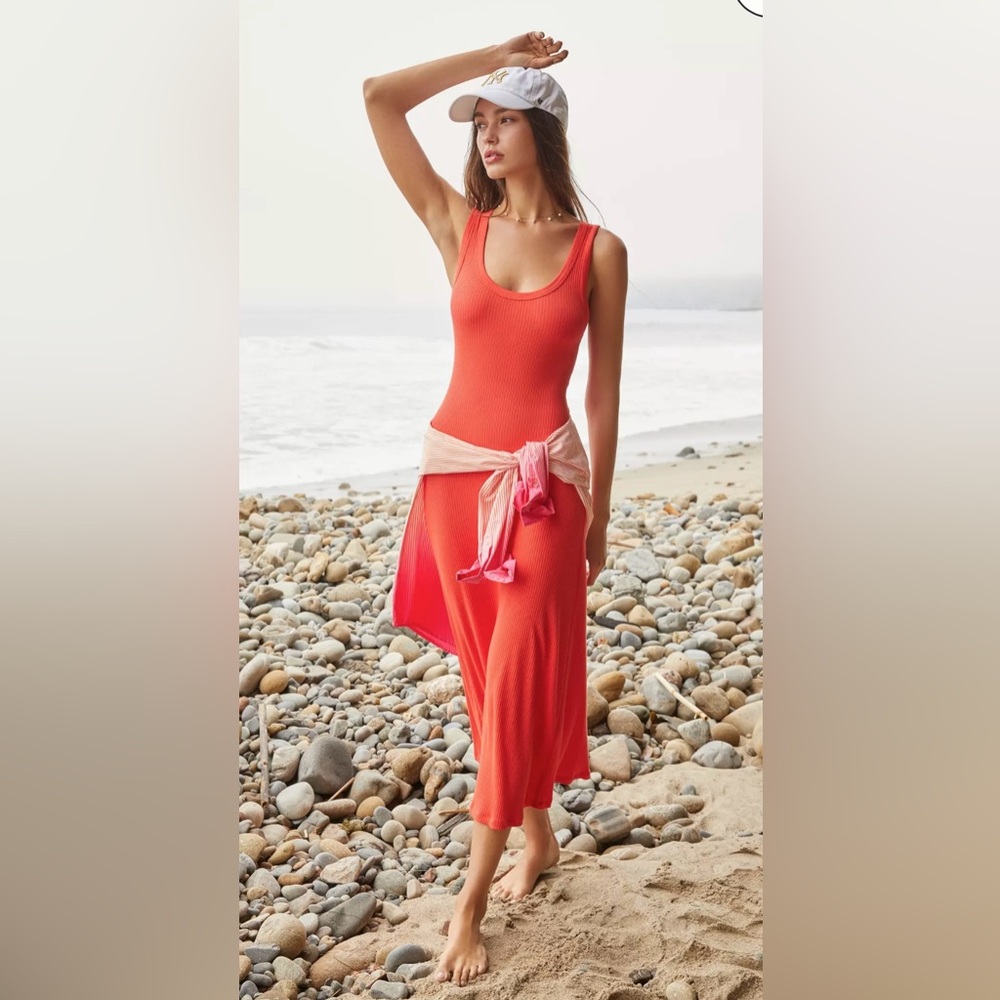 NEW L*Space Jenna Scoop Neck Midi Dress Large Coral Orange Beach Casual *See Pic